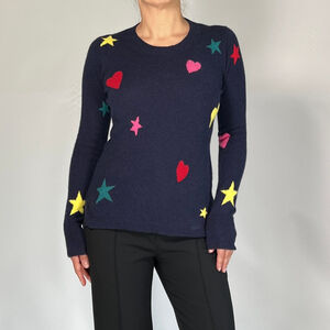 J.Crew Womans Sweater XS Navy Multicolor Heart Star Cashmere Crewneck Sweater